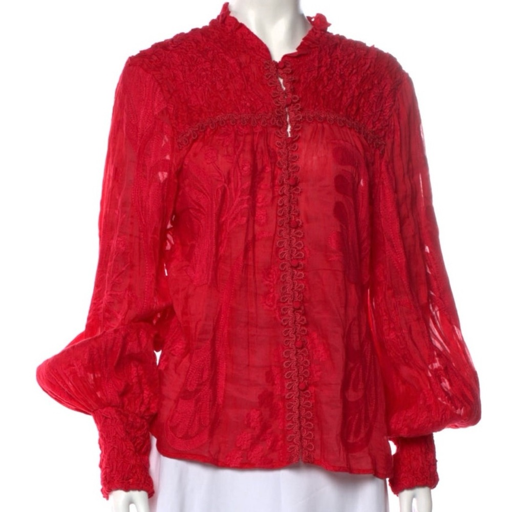 Alexis Red Blouse Linen/Silk Balloon Sleeves Embroidered M